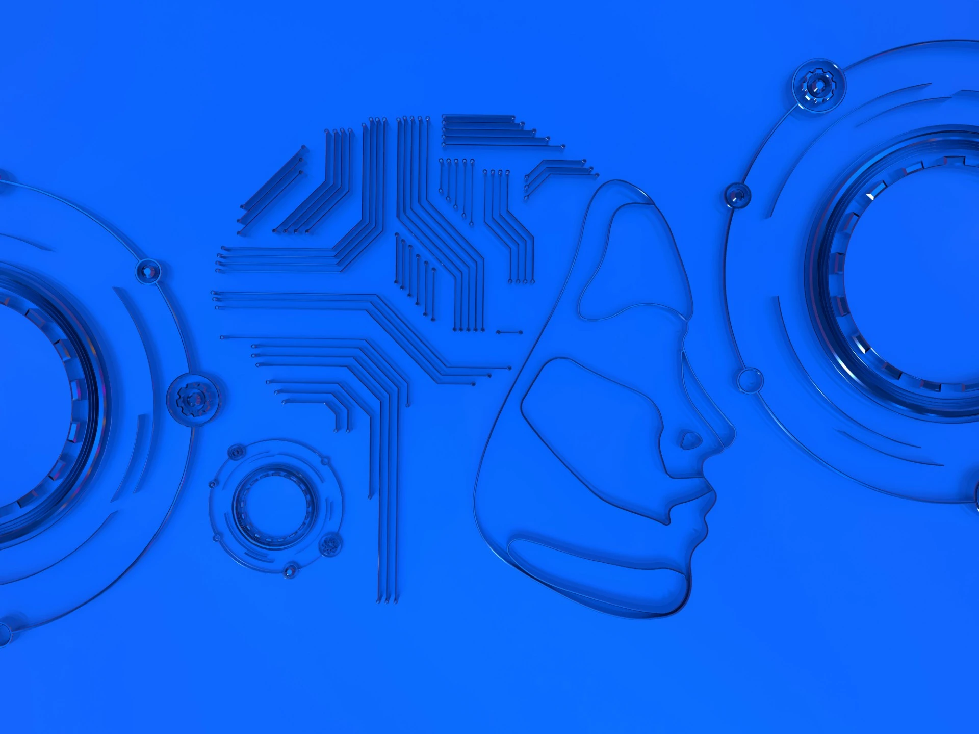 Obra de arte digital abstracta que representa un perfil humano y un cerebro con patrones de circuitos sobre un fondo azul, transmitiendo el tema de la inteligencia artificial y la integración de la tecnología.