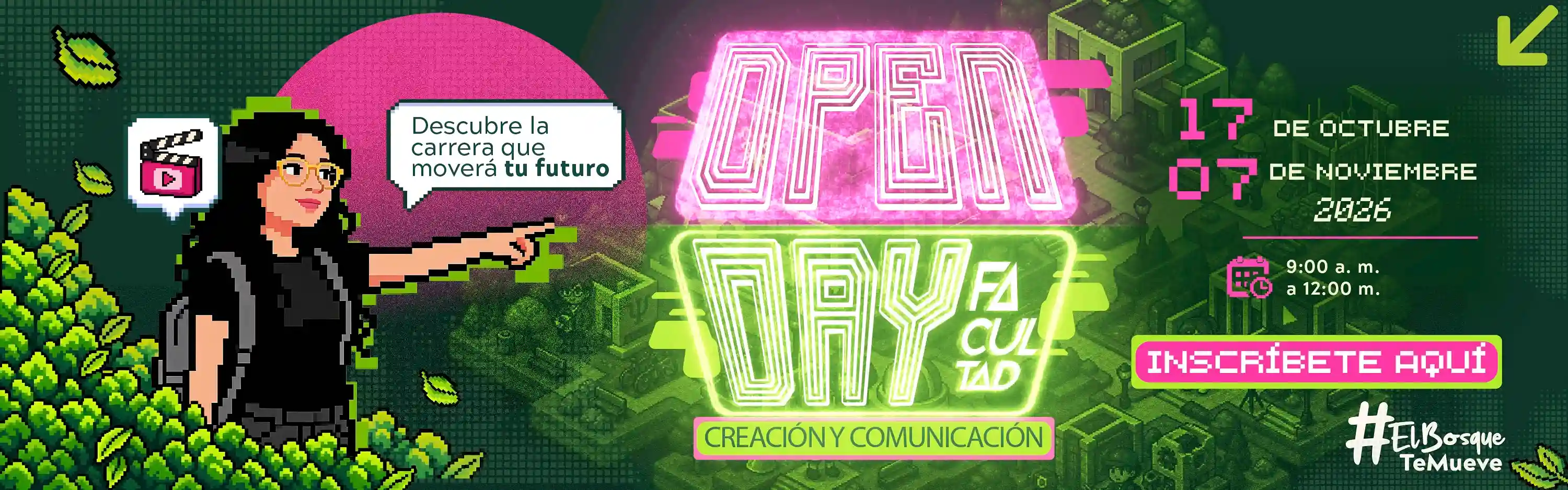 Publicidad que promueve el Open Day, con información sobre horarios y actividades programadas.