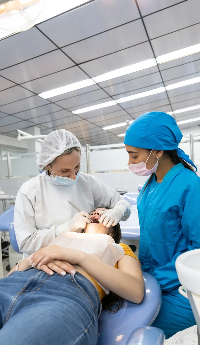 Mujer recibiendo un chequeo dental por parte de un dentista en un consultorio.