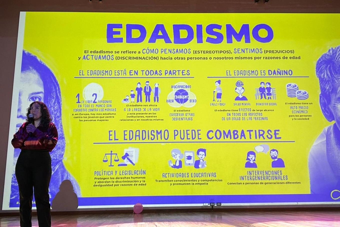 Presentación sobre el edadismo y su impacto social durante un evento académico en la Universidad El Bosque, donde se explican sus efectos y estrategias para combatir la discriminación por edad.