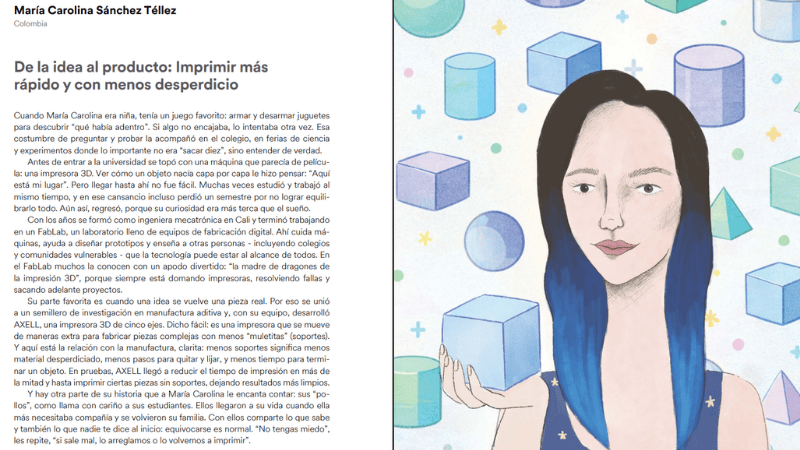 Ilustración de María Carolina Sánchez Téllez publicada en el libro “25 Mujeres en la Ciencia 2026”, que destaca su trabajo en manufactura digital e impresión 3D.