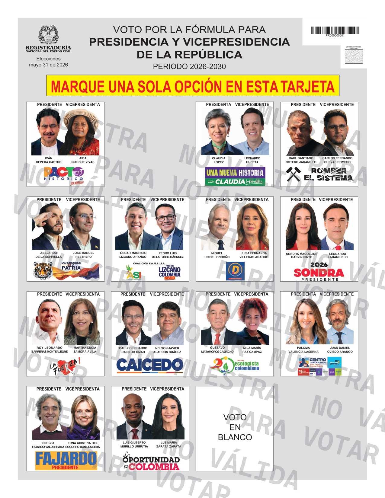 Tarjetón electoral elecciones presidenciales 2026