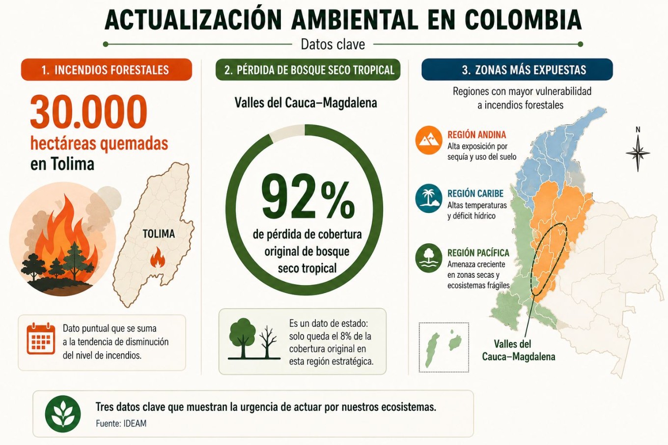 Infografía sobre incendios forestales y pérdida de bosque seco tropical en Colombia