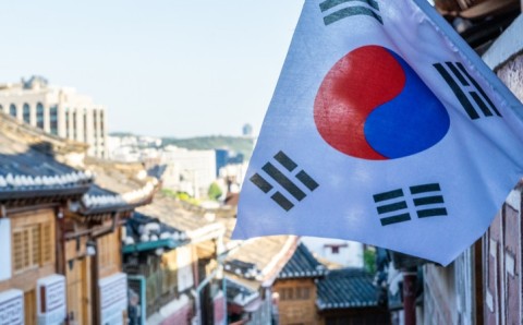 Bandera de Corea del Sur con la ciudad de fondo.