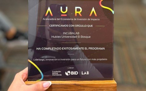 Certificado de AuRA que reconoce a Incubalab, del HUB-iEX de la Universidad El Bosque, por completar exitosamente el programa